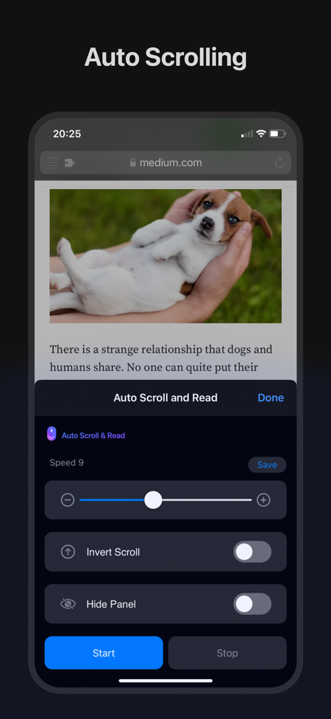 Auto Scroll and Read - Smartphone screen displaying auto scroll controls and a speed slider over a news article