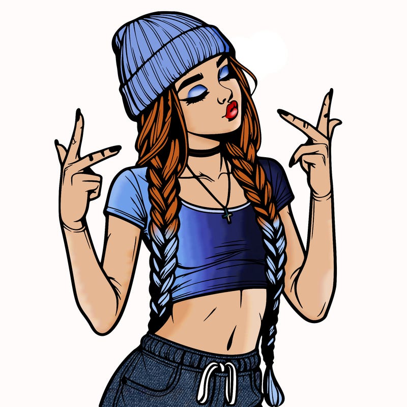 realistic teenage girl with braids and a beanie and crop top doing 🫶🏼