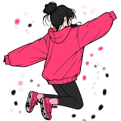 realistic girl jumping with a bun and oversized sweatshirt