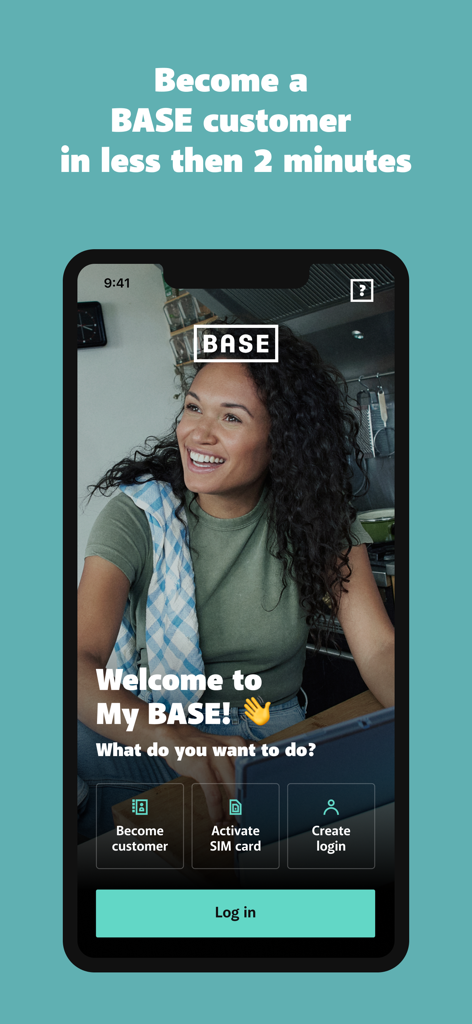 My BASE - Mon écran d'accueil d'application BASE affiche les options pour devenir client ou activer une carte SIM