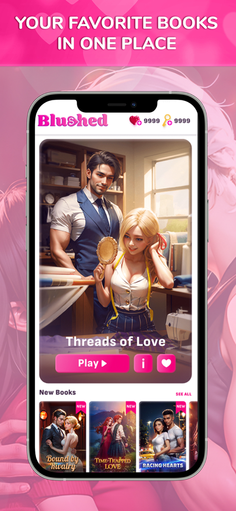 Blushed - Romance Choices - A smartphone displaying the Blushed app library with various interactive romance story covers