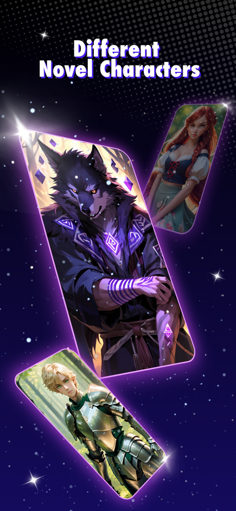 Character.Me: AI & Video Chat - Three illustrated character cards including a wolf man, a red haired maiden, and a knight against a starry background.