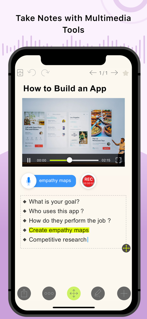 NoteLedge - Mood Board & Notes - App mobile NoteLedge che mostra una nota con riproduzione video e registrazione audio.