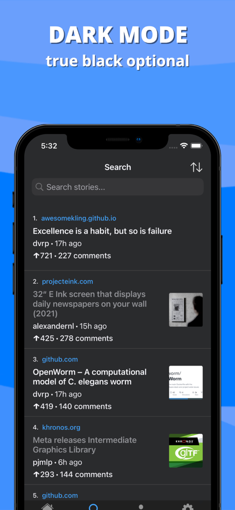 Octal for Hacker News app interface showing the search screen with stories in dark mode.