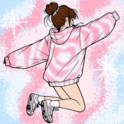 realistic girl jumping with a bun and oversized sweatshirt