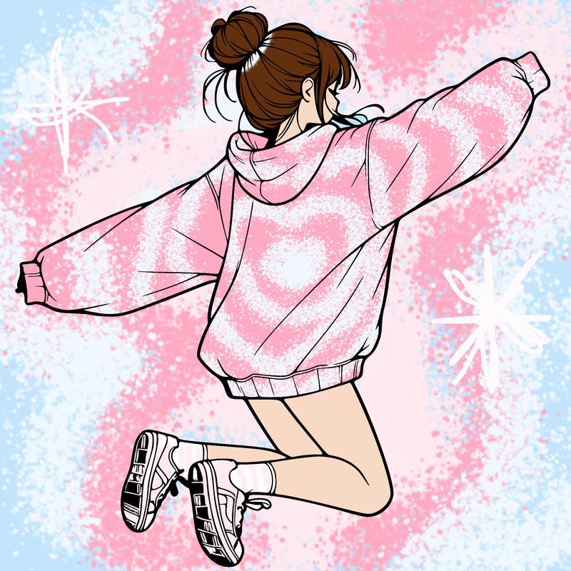 realistic girl jumping with a bun and oversized sweatshirt