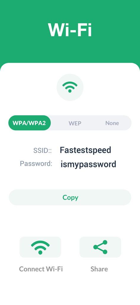 QR Code Reader & QR Scanner · - La aplicación lectora de códigos QR muestra el nombre y la contraseña de la red Wi-Fi escaneada con opciones para conectarse o compartir.