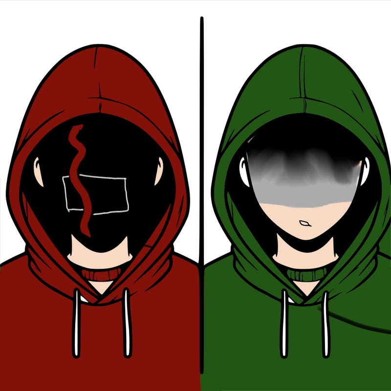a person with a hoodie and no face, the drawing is split in 2