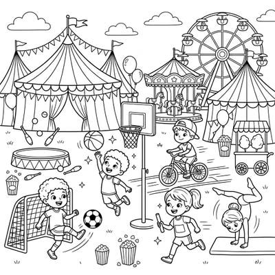 Bring the excitement of a carnival and the joy of sports to life with this dynamic coloring page for kids. Featuring young athletes in action amidst festive fairground attractions, it's perfect for inspiring creativity and active play.