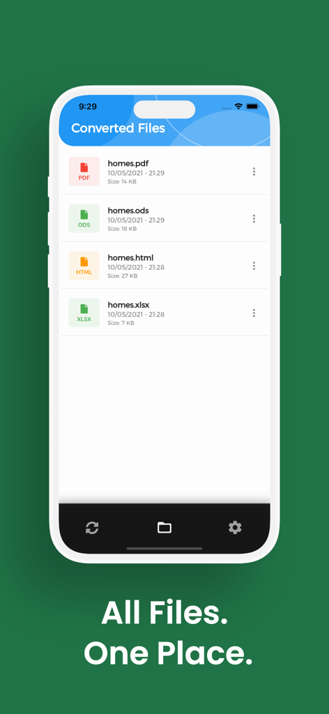 CSVコンバーターアプリの変換済みファイル画面で、PDF、Excel、HTML形式のドキュメントのリストが表示されています