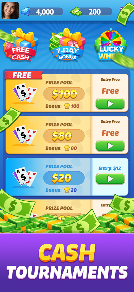 Solitaire Win Cash - A mobile game interface for Solitaire Win Cash showing various cash tournaments with prize pools of one hundred dollars and eighty dollars with free entry options