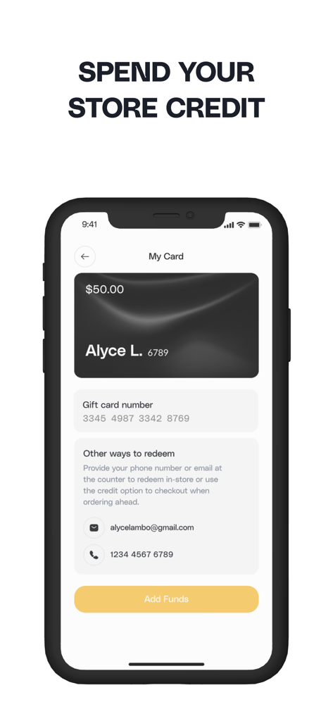 Crave Cookies - On Demand - Gestión de créditos de tienda y tarjetas de regalo en la interfaz de la app móvil Crave Cookies.