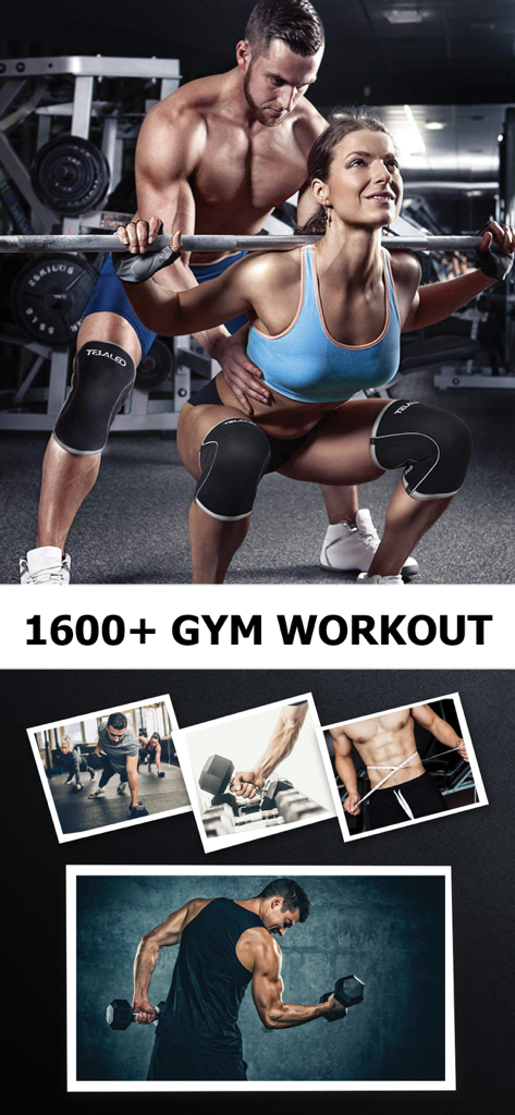 Gym Workout - Muscle Building - Collage of gym exercises and a personal trainer assisting with a barbell squat