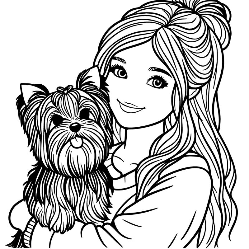 realistic girl with yorkie in lap