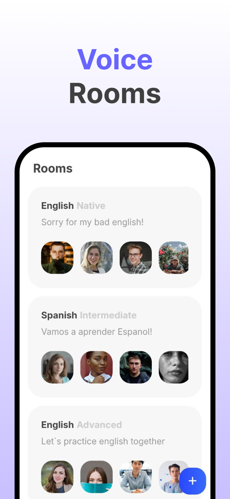 Screenshot of the TalkClub app showing a list of language exchange voice rooms for English and Spanish learners.