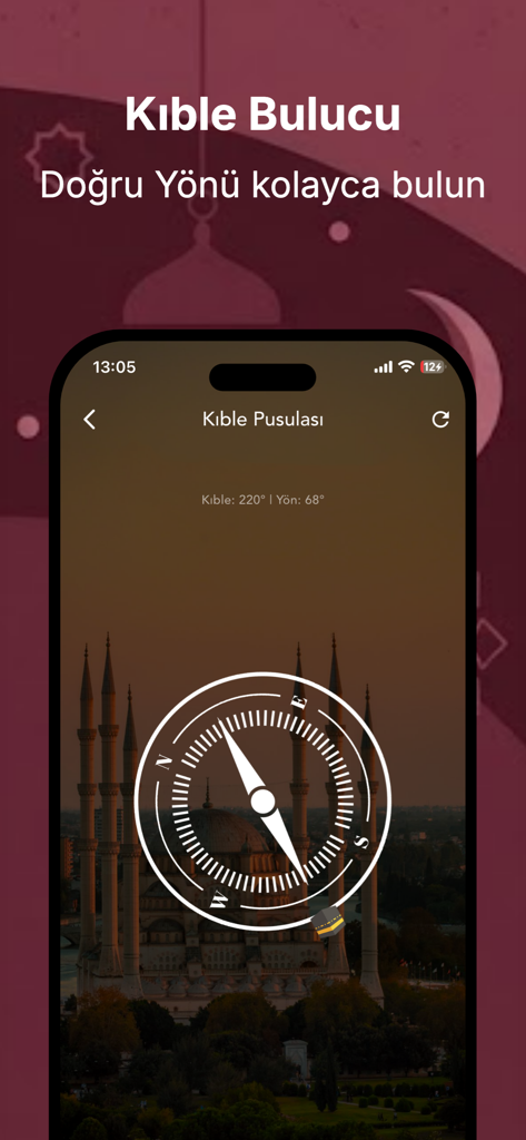 이슬람 달력 앱의 기도 방향을 위한 디지털 키블라 나침반