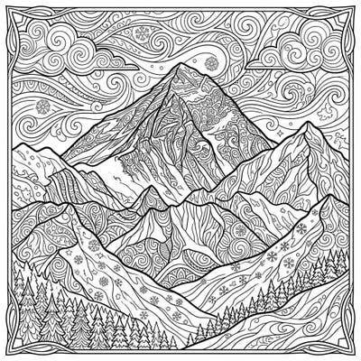 Journey to the world's highest peak with this stunning Mount Everest coloring page, designed for adult colorists. Immerse yourself in intricate patterns and majestic landscapes, perfect for relaxation and creative expression.