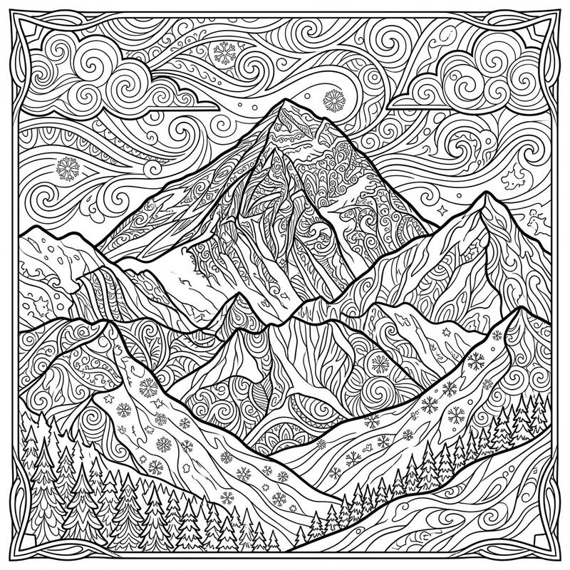 Journey to the world's highest peak with this stunning Mount Everest coloring page, designed for adult colorists. Immerse yourself in intricate patterns and majestic landscapes, perfect for relaxation and creative expression.