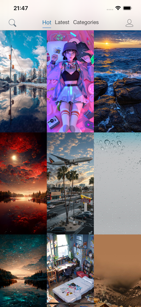 Wallpapers -Selected HD Images - A grid display of various aesthetic high definition wallpapers featuring landscapes and digital art