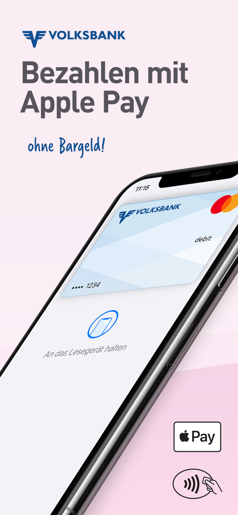 Volksbank Pay - Volksbank Pay app interface showing contactless payment with Apple Pay on an iPhone