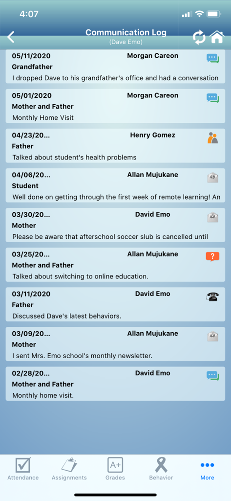 COOLSIS Family Access - A screen from the COOLSIS Family Access app displaying a communication log between parents and school staff