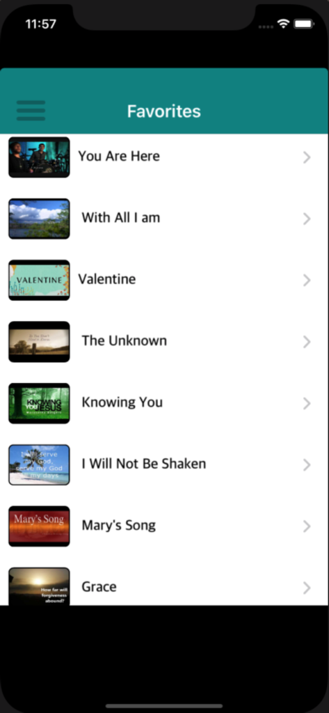 Christian Song - A list of favorite christian songs within the app showing titles like You Are Here and Knowing You with accompanying thumbnails.