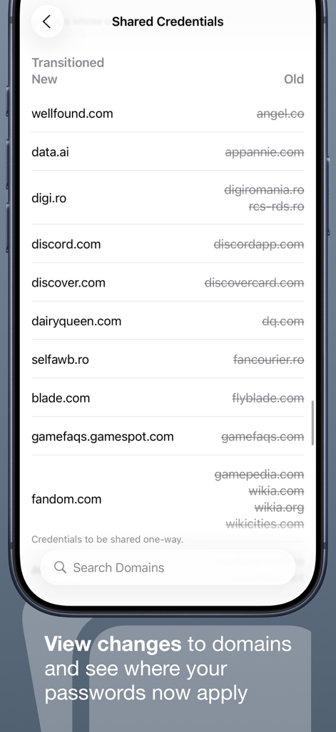 A list of website domain transitions showing where passwords are shared in the app.