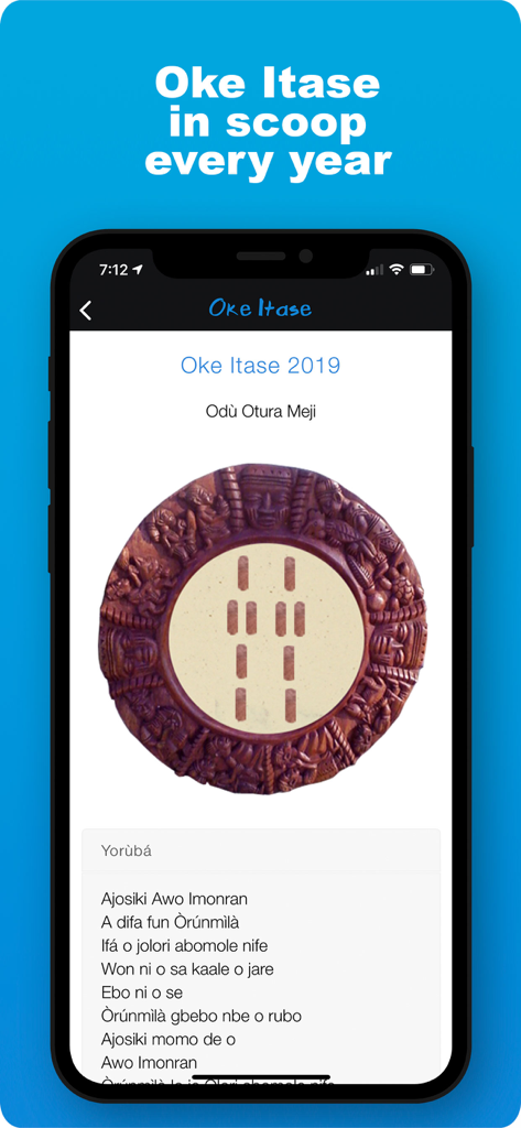 Ifa Tradicional Pro app screen showing Oke Itase 2019 and Odu Otura Meji verses.