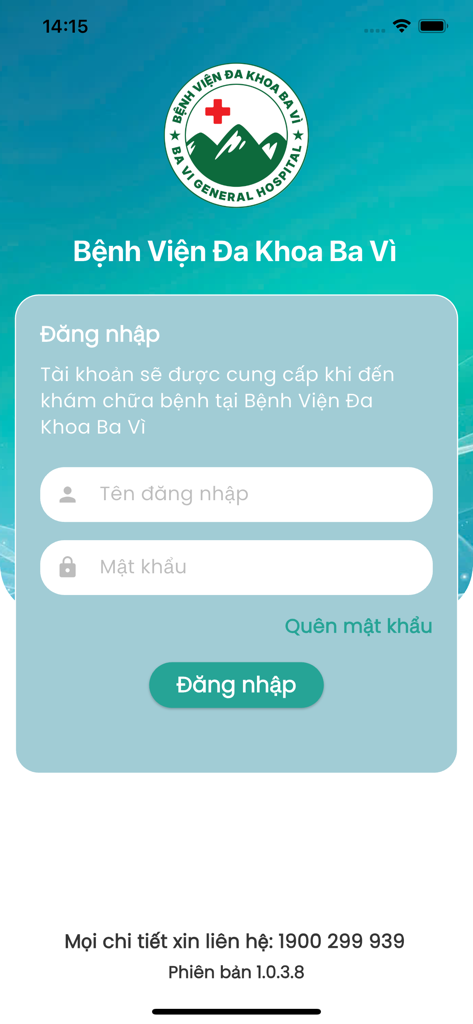 Bệnh viện Đa Khoa Ba Vì - Login screen of the Bệnh viện Đa Khoa Ba Vì mobile app featuring a login form with username and password fields