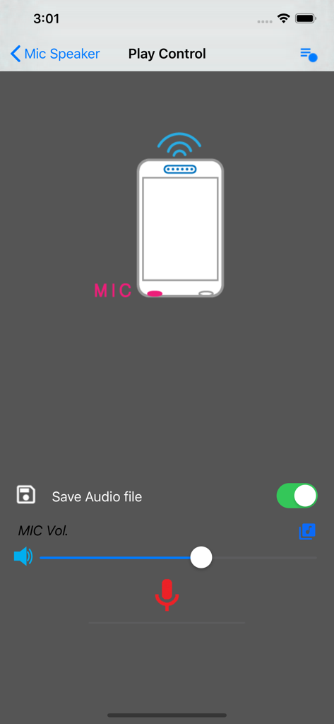 Mic Speaker - Mic Speaker app play control screen with microphone volume slider and save audio toggle