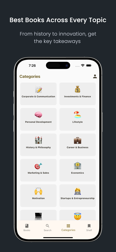 Vivaran: Wisdom in Your Words - Screenshot of the Vivaran app categories screen displaying non-fiction book topics like Finance, Lifestyle, and Motivation on an iPhone.