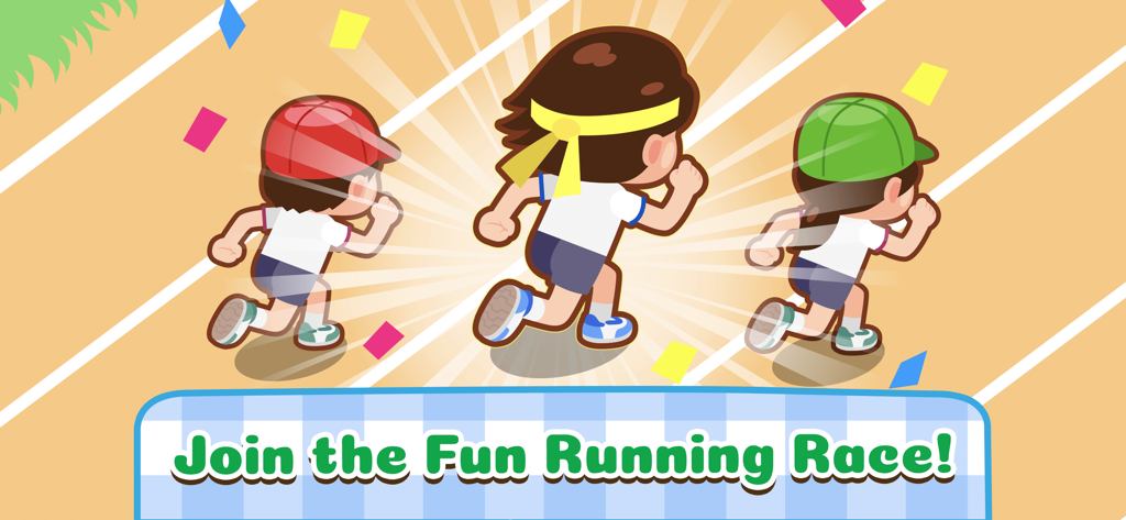 Cartoon children competing in a fun running race mini game