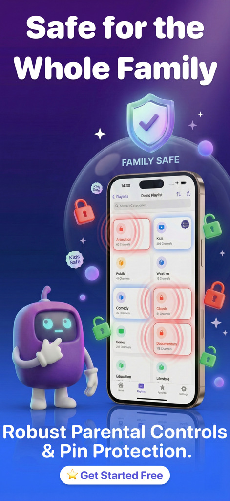 Stream Master: IPTV M3U Player - Stream Master IPTV-App-Oberfläche mit Jugendschutzeinstellungen und PIN-Schutzfunktionen für Familien