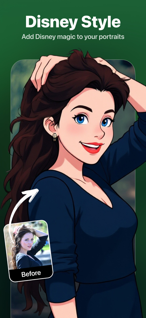 Cartoonizer: AI Cartoon Maker - A side-by-side comparison of a real photo and its AI-generated Disney style cartoon version.