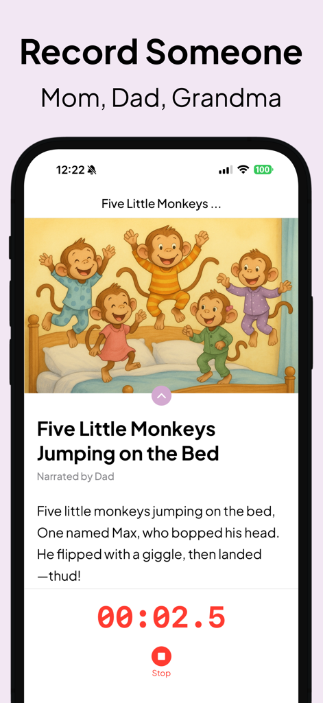 Story Time Together: Kid Books - A mobile screen showing the recording interface for the story Five Little Monkeys Jumping on the Bed with a timer and stop button