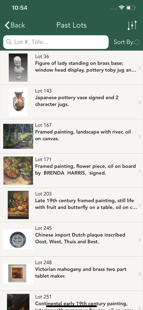 A list of past auction lots featuring antique figurines pottery and framed paintings