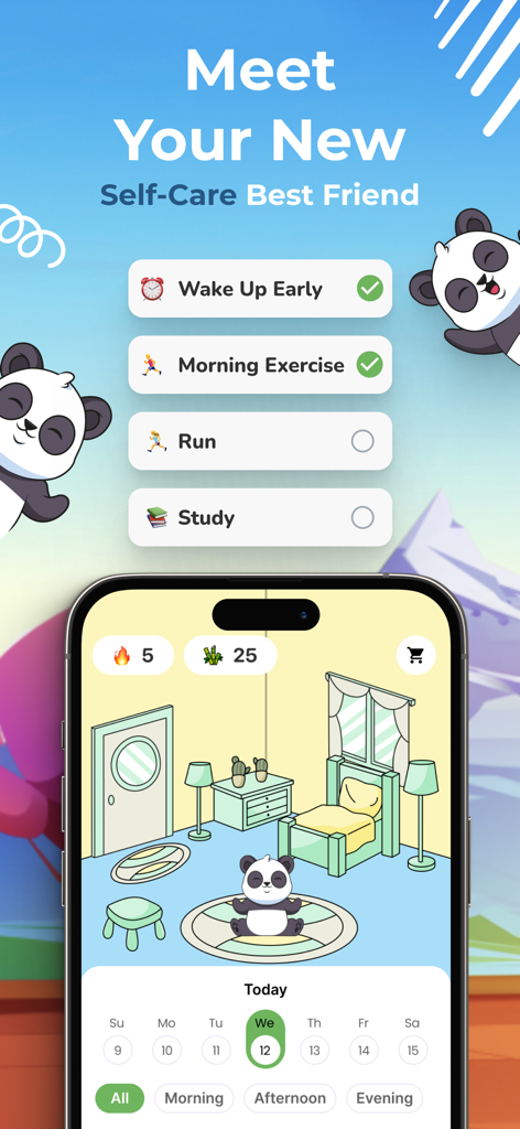 Cub: Self Care Pet & Focus - Screenshot of the Cub app showing a daily habit checklist and a cute panda virtual pet in a room.