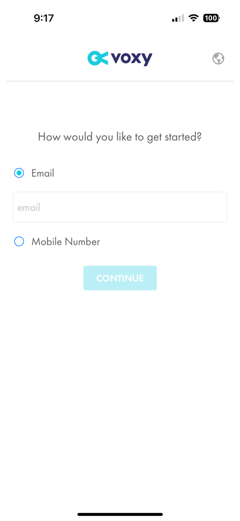 Voxy English learning app signup screen with email and mobile number registration options