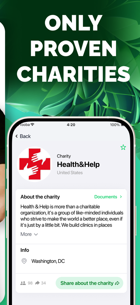 Tooba app interface displaying a verified charity profile for Health and Help with a location in Washington DC
