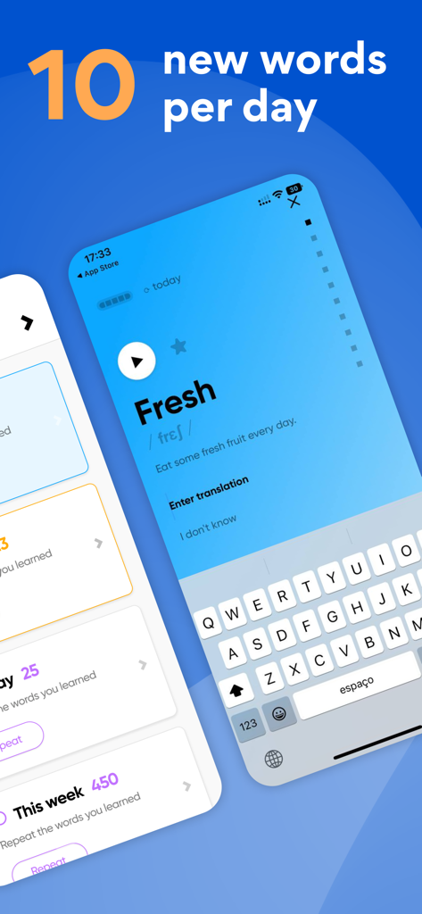 Lexis: Curso de Inglés - Interfaz móvil de la aplicación Lexis mostrando una lección de vocabulario para la palabra 'fresh' con una oración de ejemplo y estadísticas de aprendizaje diarias