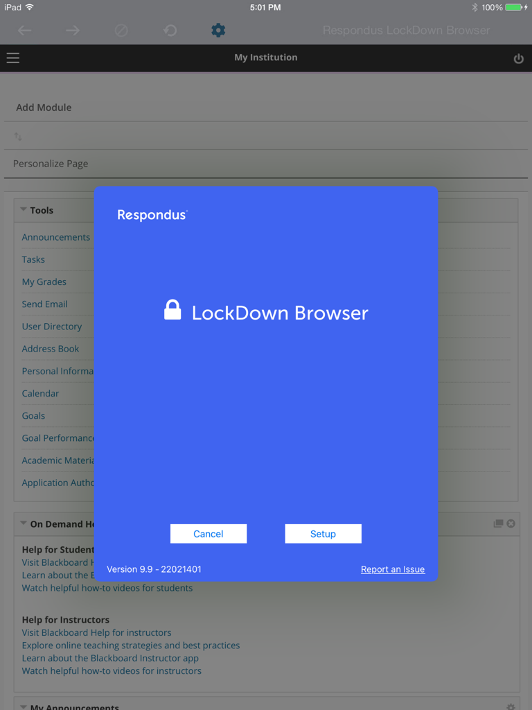 Respondus LockDown Browser setup pop-up on an iPad