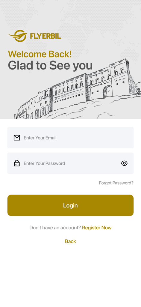 FlyErbil app login screen with email and password fields and a sketch of the Erbil Citadel