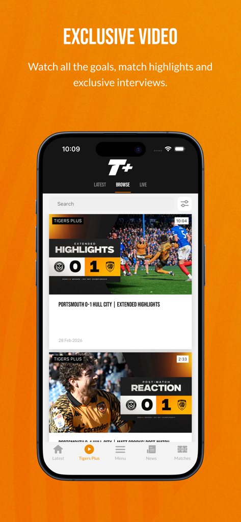 Hull City - Hull City app Tigers Plus interface with match highlights and exclusive video content