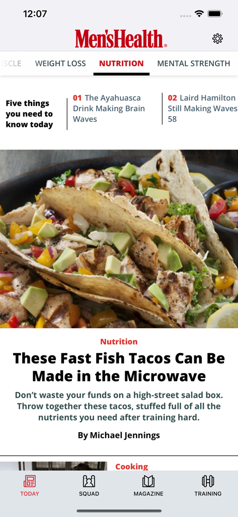 Men's Health UK - フィッシュタコレシピを掲載したMens Health UKアプリの栄養タブ