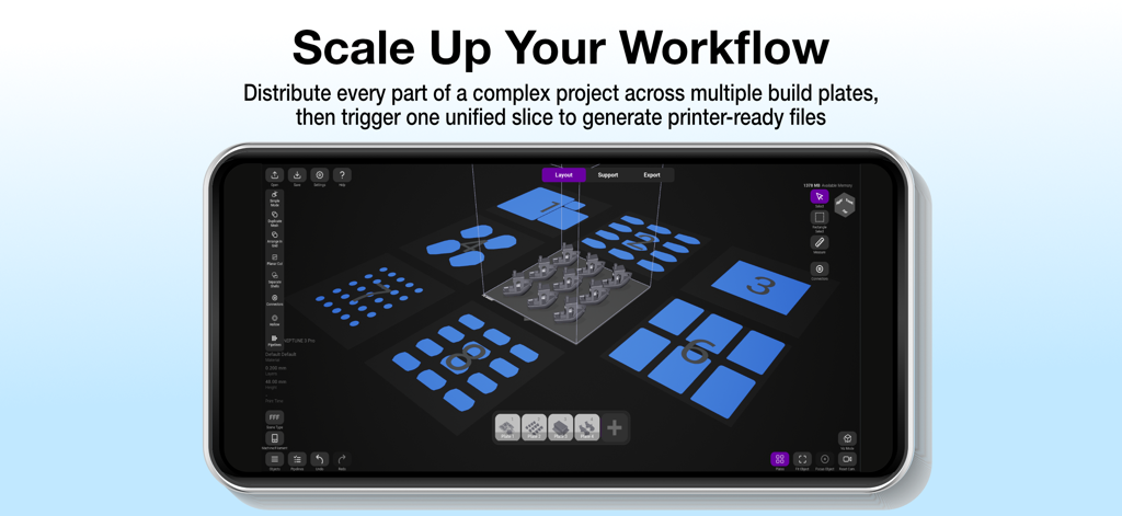 Pikaslice - Interface of Pikaslice app showing 3D models distributed across multiple build plates for batch slicing on a mobile device