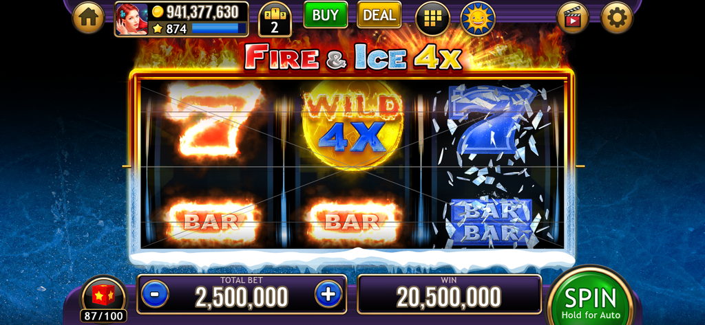 Juego de máquina tragamonedas de tres rodillos con temática de fuego y hielo con un comodín multiplicador