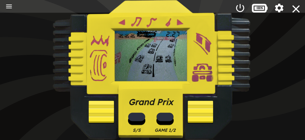 Mini Games Retro 90's - Recréation numérique d'une console portable vintage jaune jouant à un jeu de course Grand Prix.