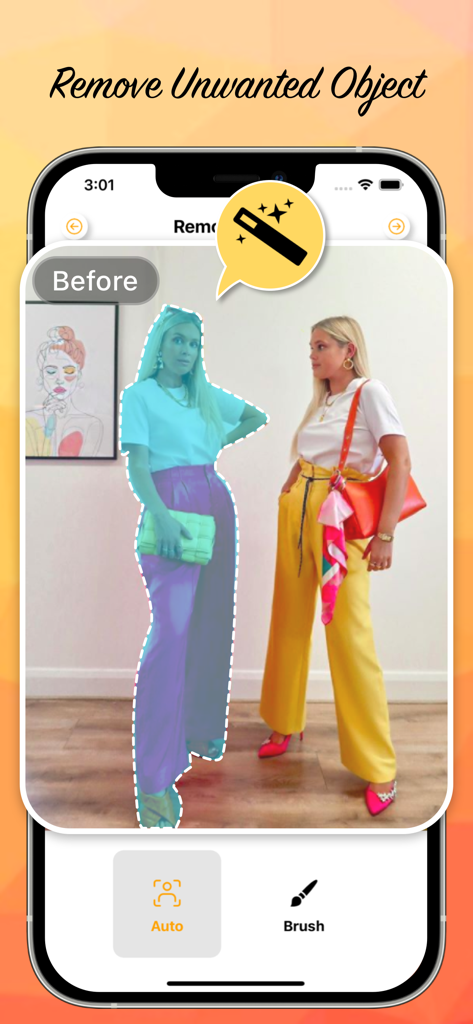 Screenshot of an app interface showing the auto-selection tool to remove a person from a photo