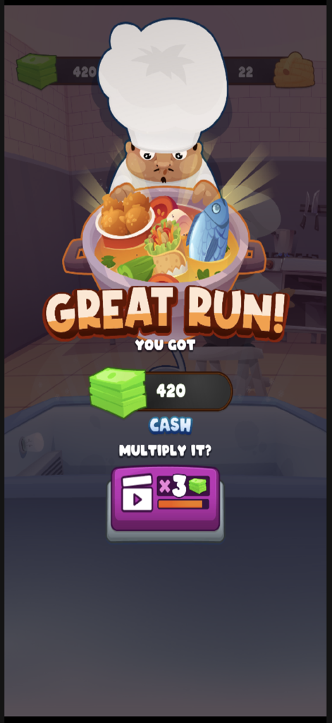 Freezer Frenzy - Chef character celebrating a successful run with collected ingredients and cash rewards in Freezer Frenzy.