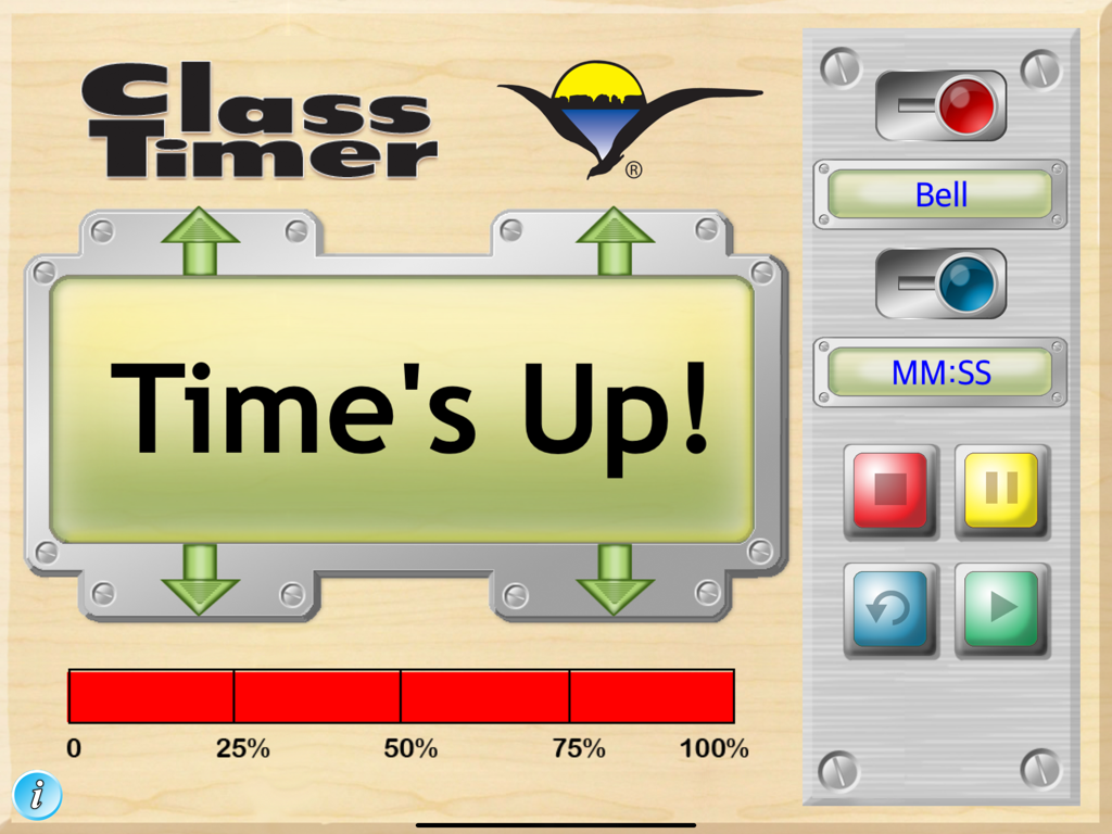 ClassTimer app interface showing the Time's Up screen and red progress bar